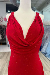 Cowl Neck Red Beaded Mermaid Long Prom Dress